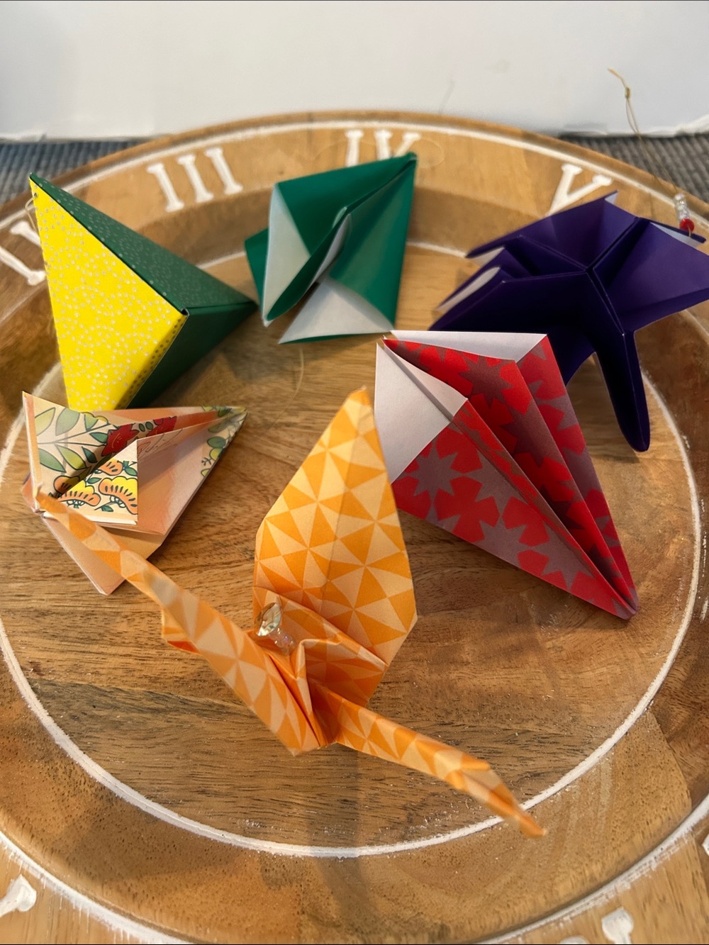 Origami decorations Christmas tree ornaments x6 swan, star, tripyramid handmade